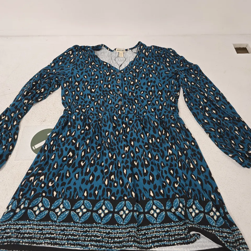 MUDFLOWER WOMEN'S DRESS - BLUE LEOPARD PRINT, UK 12 (EU 40)