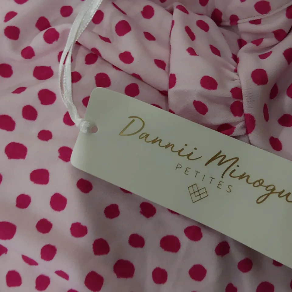 BOX OF APPROXIMATELY 11 BRAND NEW PINK POLKA DOT SMOCK DRESSES WITH TIE