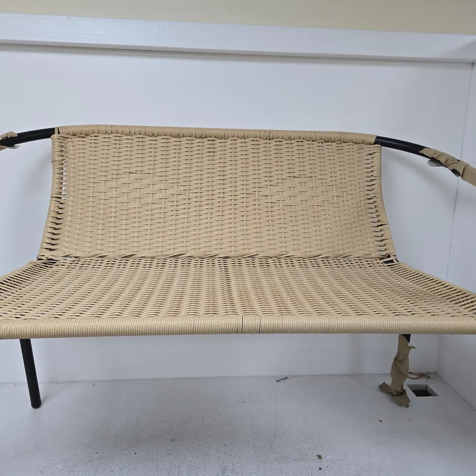 GARDEN BENCH – WOVEN WICKER SEAT AND BACK, BLACK METAL FRAME