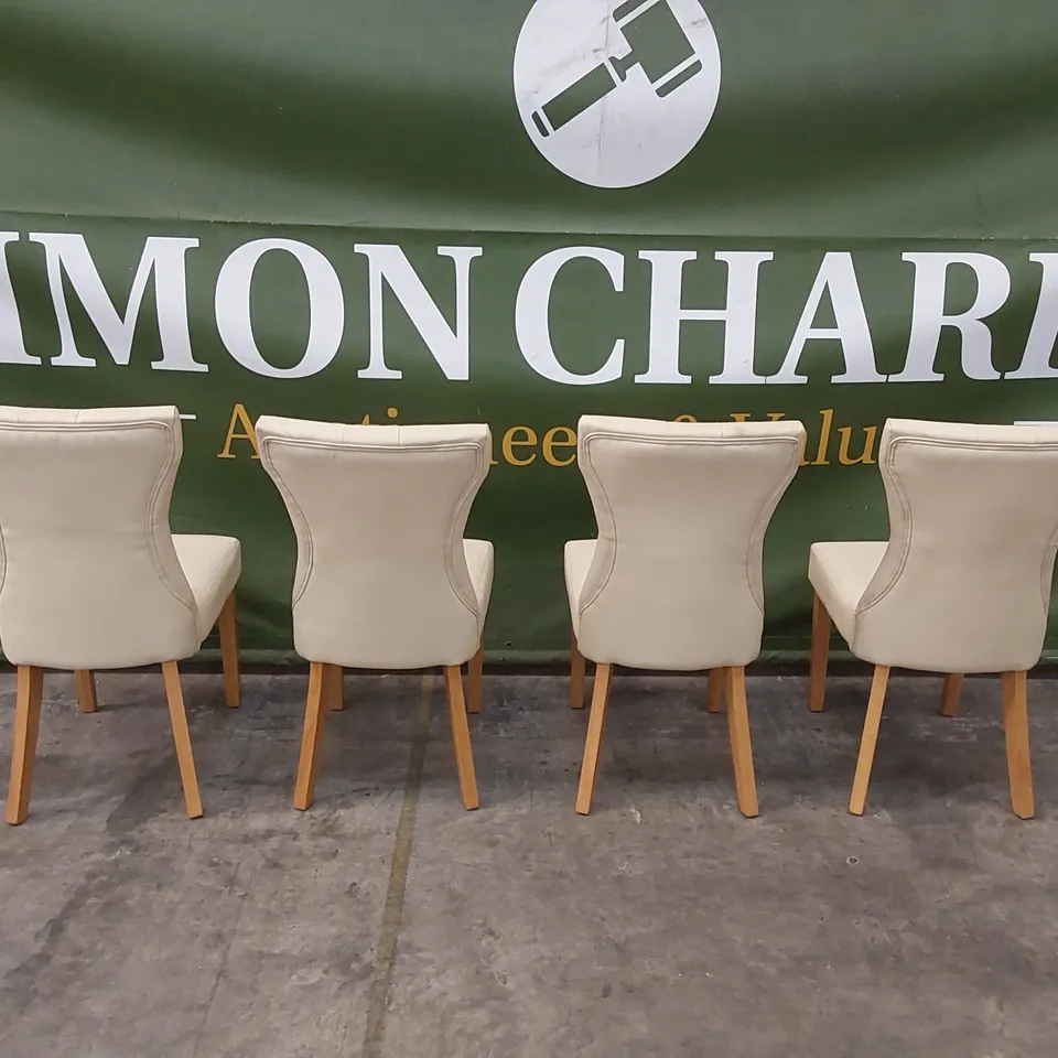 SET OF 4 BEWLEY IVORY LEATHER BUTTON BACK DINING CHAIRS WITH OAK LEGS