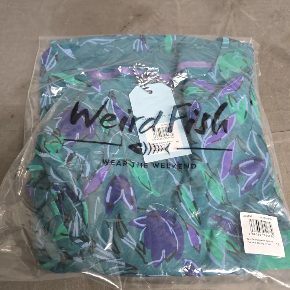 WEIRD FISH SHAFIKA ORGANIC COTTON PRINTED JERSEY DRESS – LEAF GREEN, UK 16