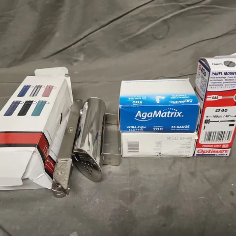 TOTE OF APPROXIMATELY 10 ASSORTED HOUSEHOLD ITEM TO INCLUDE DRINKING FLASK, PANEL MOUNT SOCKET AND ULTRA THIN LANCETS