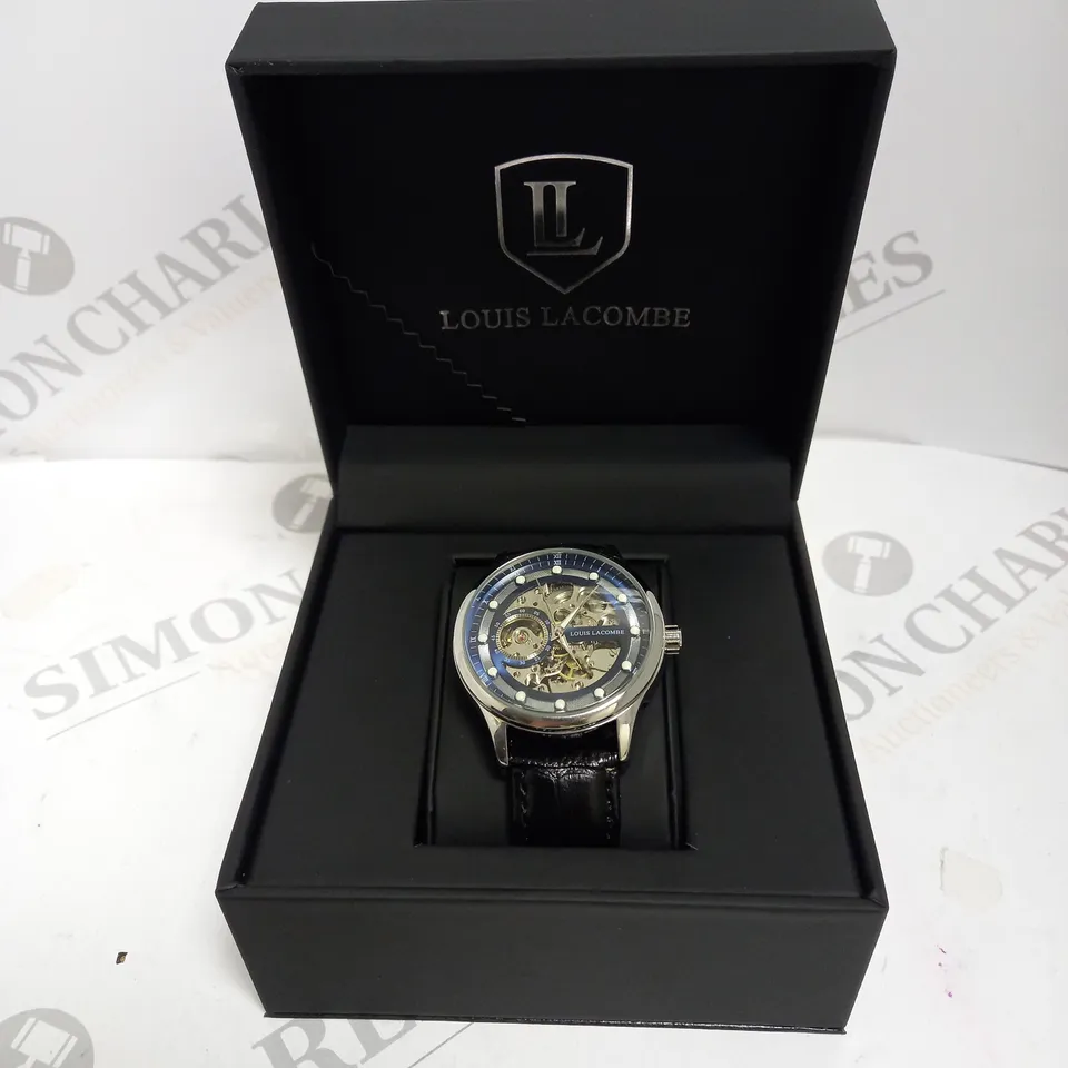 MENS LOUIS LACOMBE AUTOMATIC WATCH – SKELETON DIAL – GLASS EXHIBITION BACK CASE – LEATHER STRAP