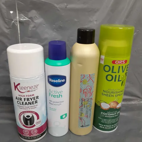 APPROXIMATELY 12 ASSORTED AEROSOLS TO INCLUDE AIR FRYER CLEANER , VASELINE BODY SPRAY , OLIVE OIL SHEEN SPRAY , ETC
