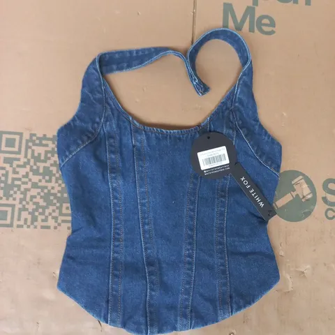 WHITE FOX IN YOUR CORNER DENIM HALTER TOP IN DARK BLUE SIZE MEDIUM