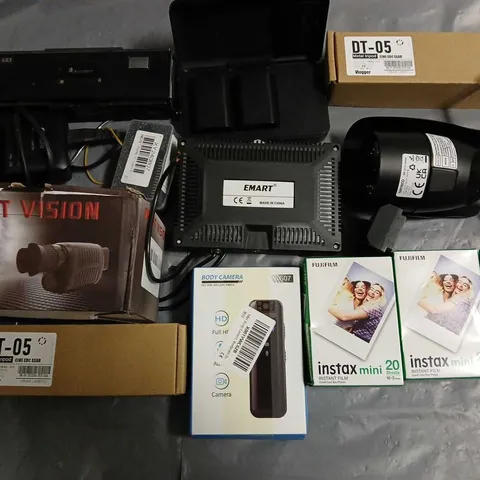 LOT OF 12 ASSORTED TECH ITEMS TO INCLUDE INSTAX MINI INSTANT FILM, SANSCO SECURITY CAMERA AND NOGHT VISION MONOCULAR