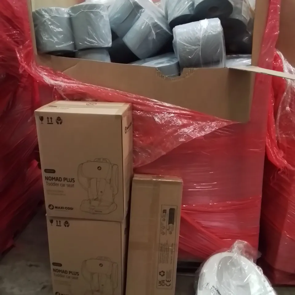 PALLET OF ASSORTED HOUSEHOLD GOODS AND PRODUCTS TO INCLUDE;NOMAD PLUS TODDLER CAR SEAT,SWINGBALL,BABY BATHS
