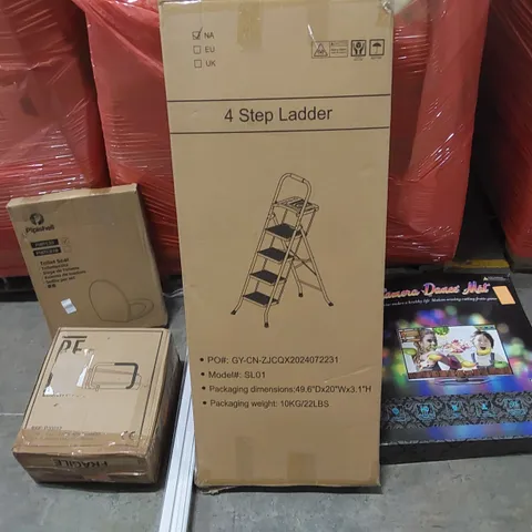 PALLET OF ASSORTED ITEMS INCLUDING: STEP LADDER, DANCE MAT, TOILET RISER, BLINDS, TOILET SEAT ECT