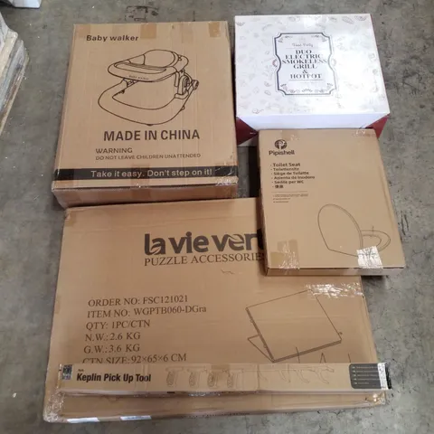 PALLET CONTAINING ASSORTED PRODUCTS INCLUDING BABY WALKER, DUO ELECTRIC SMOKELESS GRILL & HOTPOT, TOILET SEAT, PUZZLE BOARD & PICK UP TOOL 