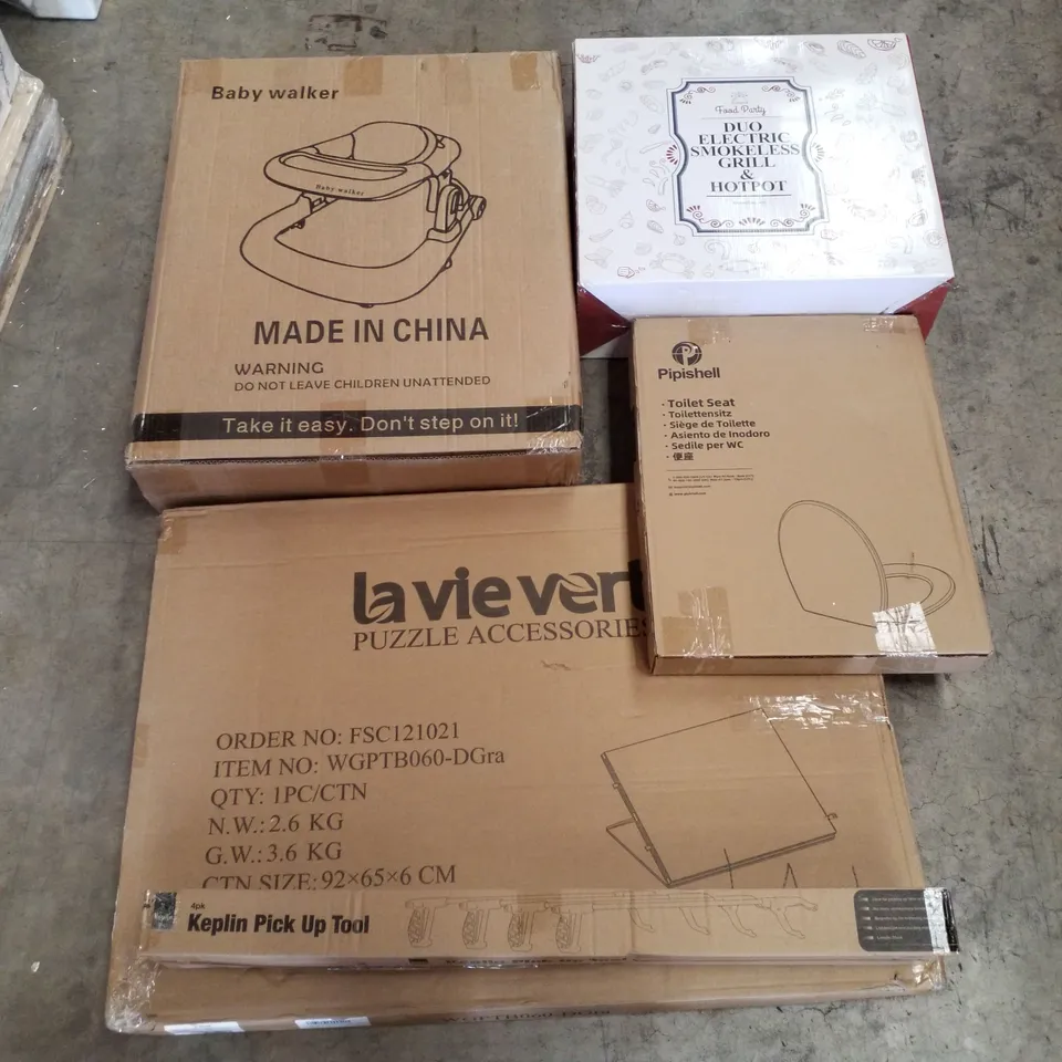 PALLET CONTAINING ASSORTED PRODUCTS INCLUDING BABY WALKER, DUO ELECTRIC SMOKELESS GRILL & HOTPOT, TOILET SEAT, PUZZLE BOARD & PICK UP TOOL 