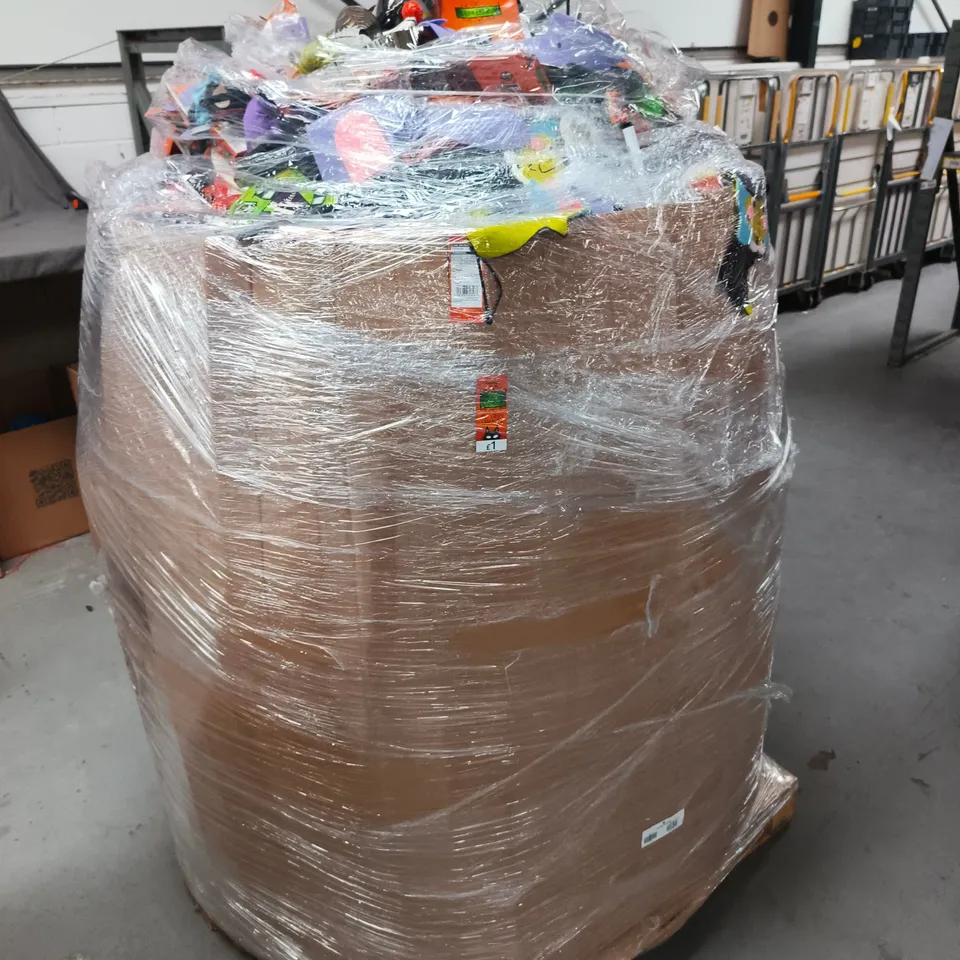 PALLET CONTAINING LARGE QUANTITY OF HALLOWEEN ACCESSORIES TOO CONTAIN FACE PAINT , MASKS , PAPER CUPS , BANNERS AND HI - GLOW RINGS , ETC  