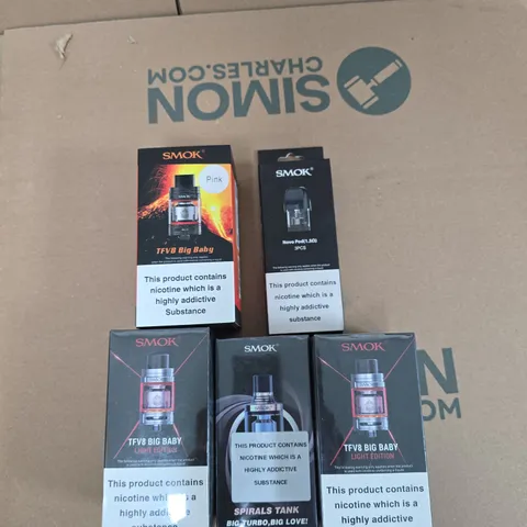 BOX OF APPROXIMATELY 30 ASSORTED E-CIGARETTES AND ACCOMPANIMENTS TO INCLUDE: VARIOUS SMOK PRODUCTS 