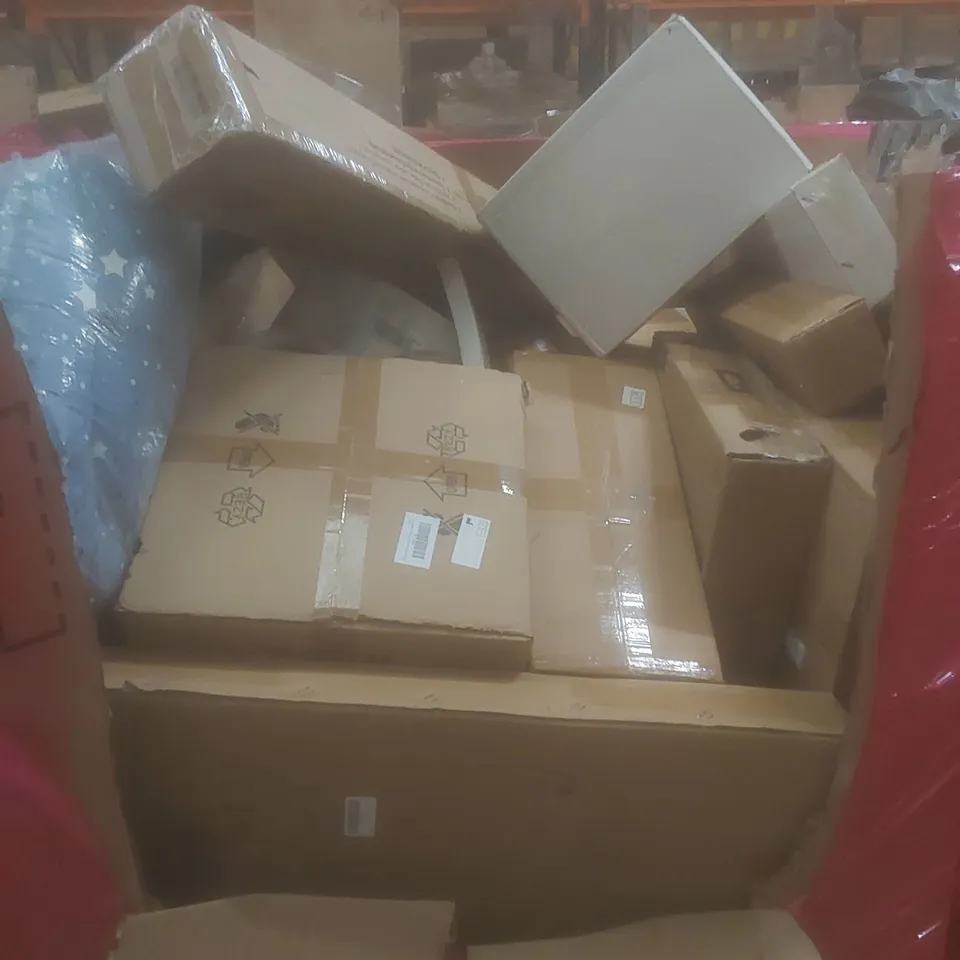 PALLET OF ASSORTED HOUSEHOLD ITEMS AND CONSUMER PRODUCTS TO INCLUDE; WALLPAPER, KIDS SCOOTER, WOODEN UKULELE, BOXED FURNITURE ETC 