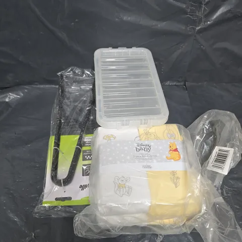 BOX OF ASSORTED HOMEWARE ITEMS TO INCLUDE KITCHEN TONGUES, CRYSTAL BOXES AND FITTED SHEETS