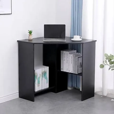 BOXED HOME SOURCE WELLINGTON COMPACT OFFICE COMPUTER CORNER DESK WITH STORAGE SHELVES BLACK