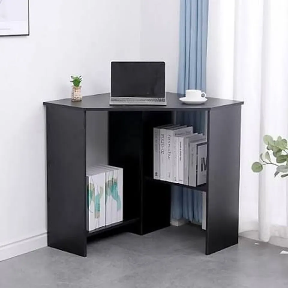 BOXED HOME SOURCE WELLINGTON COMPACT OFFICE COMPUTER CORNER DESK WITH STORAGE SHELVES BLACK
