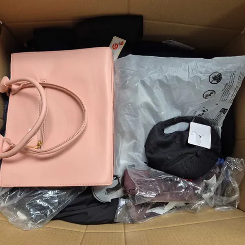 LARGE BOX OF APPROXIMATELY 20 ASSORTED CLOTHING ITEMS IN VARIOUS SIZES, STYLES AND COLOURS