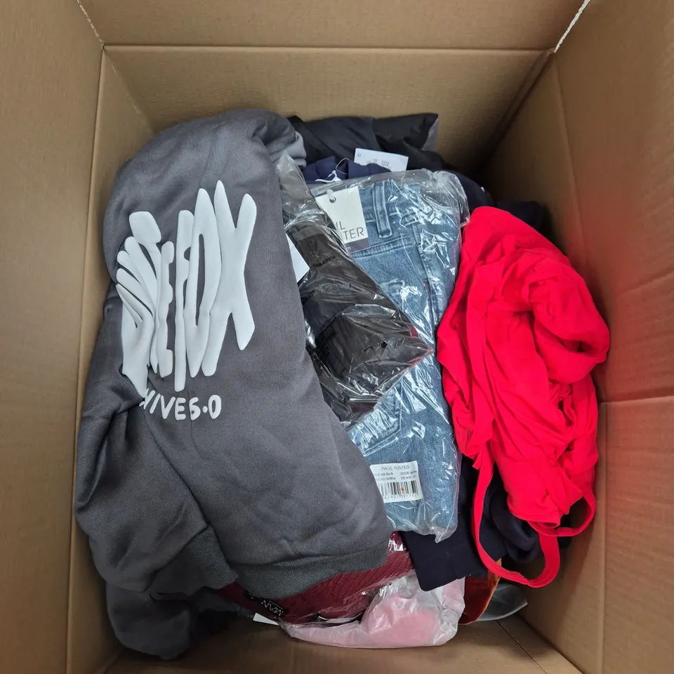 LARGE BOX OF ASSORTED CLOTHING ITEMS IN VARIOUS SIZES, STYLES AND COLOUR 