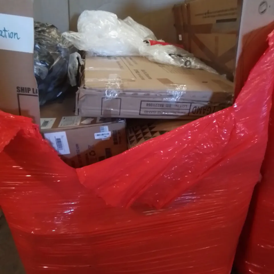 PALLET CONTAINING ASSORTED HOUSEHOLD & HOME IMPROVEMENT PRODUCTS. INCLUDES ROLLS OF ARTIFICIAL GRASS, WALKING AID, OFFICE CHAIR, DESK ETC 