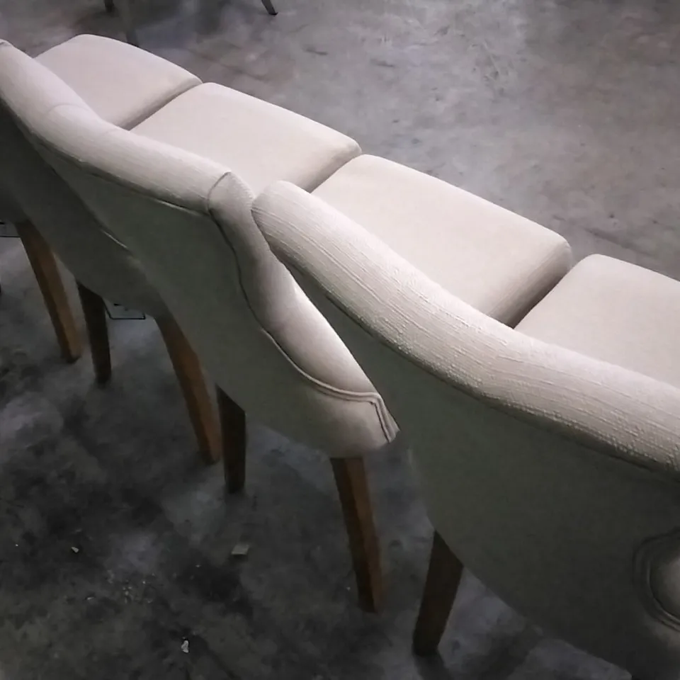 SET OF 4 BEIGE FABRIC BUTTONBACK DINING CHAIRS WITH WOODEN LEGS