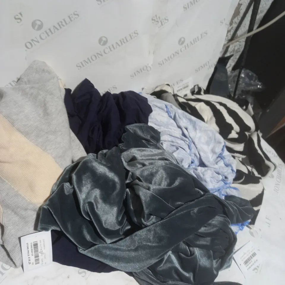 BOX OF ASSORTED CLOTHING TO INCLUDE: DRESSES, TOPS AND TROUSERS