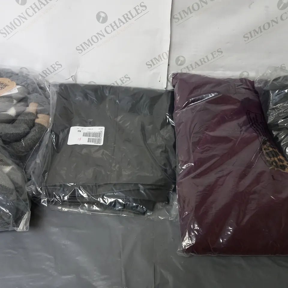 BOX OF ASSORTED CLOTHING ITEMS TOO INCLUDE TOPS , JUMPERS, AND PANTS ETC. 