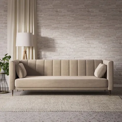 BOXED MABEL 3 SEATER SOFA BED 2 CUSHIONS -BEIGE VELVET- (2 BOXES)