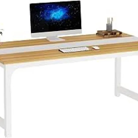 BOXED TRIBESIGNS MODERN COMPUTER DESK, 63 X 31.5 INCH LARGE OFFICE DESK COMPUTER TABLE STUDY WRITING DESK WORKSTATION FOR HOME OFFICE, WHITE AND OAK