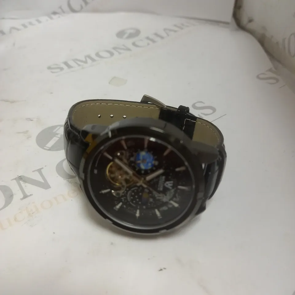 MENS WILLIAM JOURDAIN AUTOMATIC 2580 WATCH – OPEN HEART MOVEMENT WITH SUB DIALS – GLASS EXHIBITION BACK CASE – BLACK GENUINE LEATHER STRAP