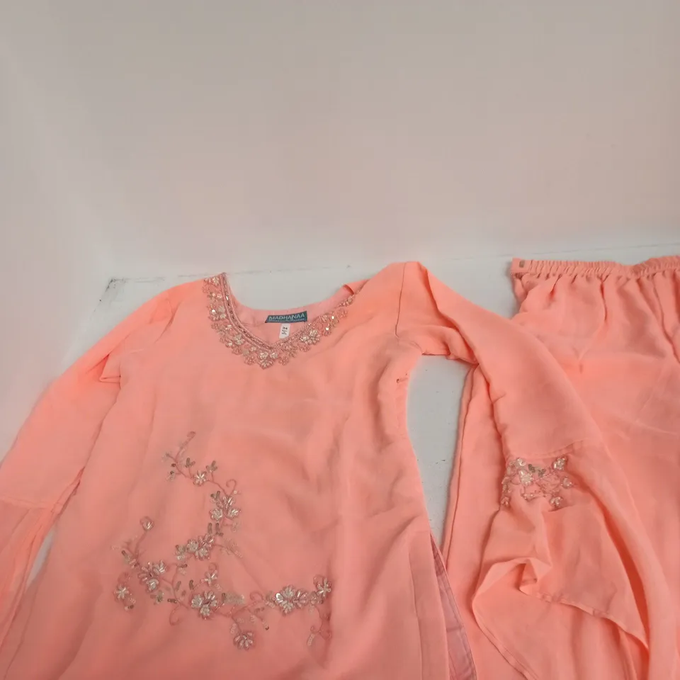 MADHANA A PEACH PINK EMBROIDERED TOP AND TROUSERS SET – WOMEN, UK8 (EU34)