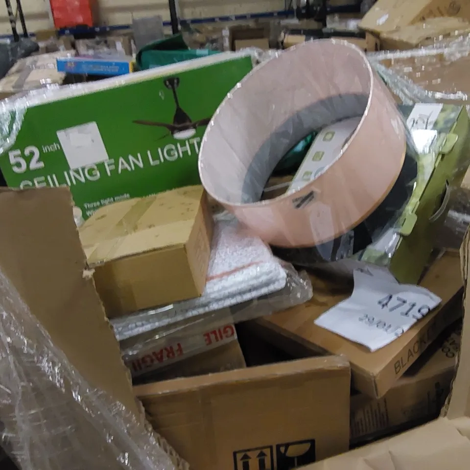 PALLET TO CONTAIN ASSORTED HOUSEHOLD ITEMS AND CONSUMER PRODUCTS. INCLUDING CEILING FAN LIGHT, CONVECTION HEATER, HEATER UNDER BLANKET, BOXED FURNITURE ETC
