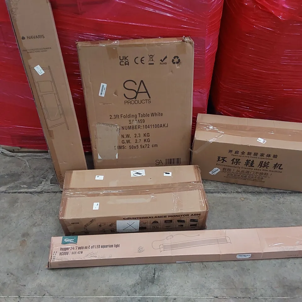 PALLET OF ASSORTED ITEMS INCLUDING: FOLDING TABLE, SHOE FILM MACHINE, LED AQUARIUM LIGHT, BAMBOO TOWEL LADDER, COUNTERBALANCE MONITOR ARM