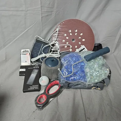 APPROXIMATELY 12 ASSORTED HOUSEHOLD ITEMS TO INCLUDE PAINT ROLLER, MENZIER RED 19 HOLES 100 GRIT, GOLFBALL, ETC