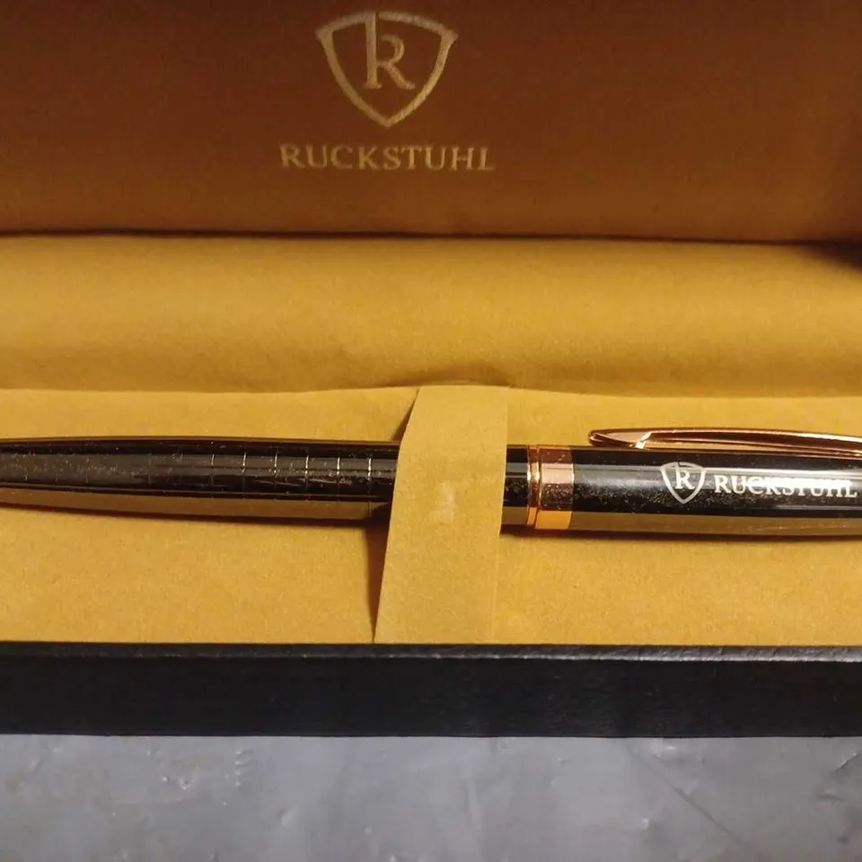 RUCKSTUHL STAINLESS STEEL LUXURY PEN IN GIFT BOX – BLACK & ROSE GOLD COLOUR CASE