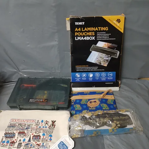 APPROXIMATELY 15 HOUSEHOLD ITEMS TO INCLUDE LAMINATING POUCHES, DOGGY KINGS FUR TRIMMER AND FISHING TACKLE KIT