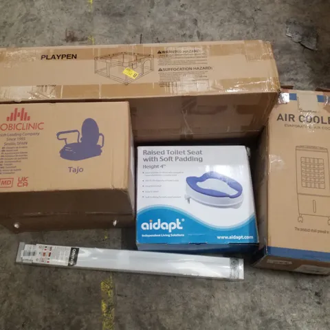 PALLET CONTAINING ASSORTED PRODUCTS INCLUDING PLAYPEN, RAISED TOILET SEAT, ROLLER BLIND & AIR COOLER