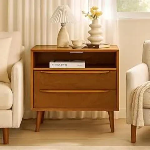 BOXED HULALA HOME NIGHTSTAND WITH CHARGING STATION, MID-CENTURY MODERN 2 DRAWER AND OPEN SHELF DRESSER, FLUTED BEDSIDE TABLE, ACORN