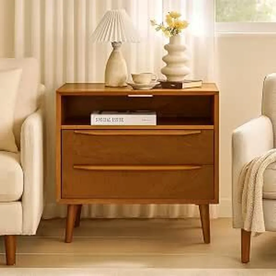 BOXED HULALA HOME NIGHTSTAND WITH CHARGING STATION, MID-CENTURY MODERN 2 DRAWER AND OPEN SHELF DRESSER, FLUTED BEDSIDE TABLE, ACORN