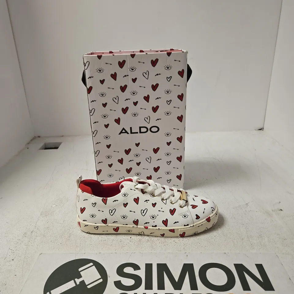 ALDO WHITE HEART-PRINT TRAINERS – WOMEN'S, BOXED - UK 7 