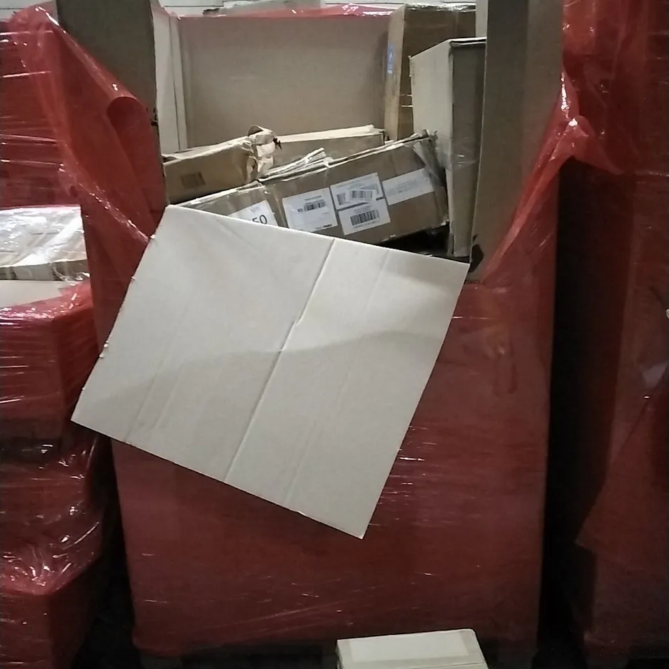 PALLET OF HOUSEHOLD ITEMS TO INCLUDE SCRATCHING POST,  STEAM CLEANER,  ERGONOMIC OFFICE CHAIR, CAT LITTER BOX,  CURTAIN RAIL AND OTHER ASSORTED ITEMS...