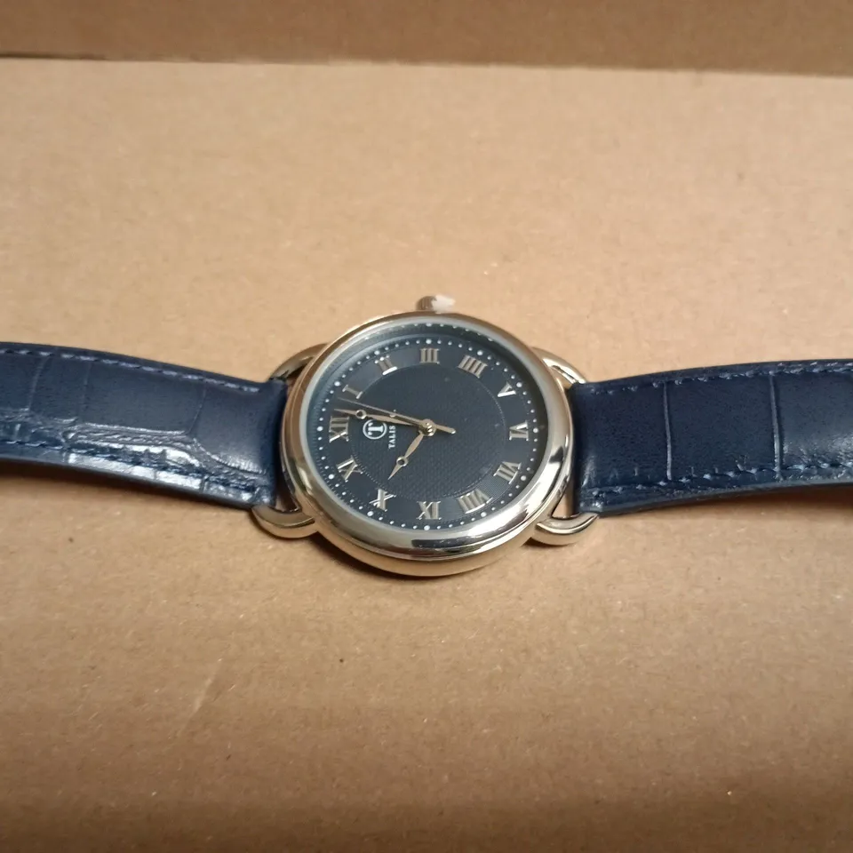 BOXED TALIS CO BLUE DIAL WRISTWATCH – STAINLESS STEEL CASEBACK, LEATHER STRAP