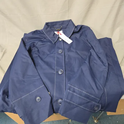 BEN DE LISI NAVY TRENCH COAT WITH WHITE CONTRAST STITCHING, LARGE BUTTONS AND FRONT FASTENING UK SIZE 14