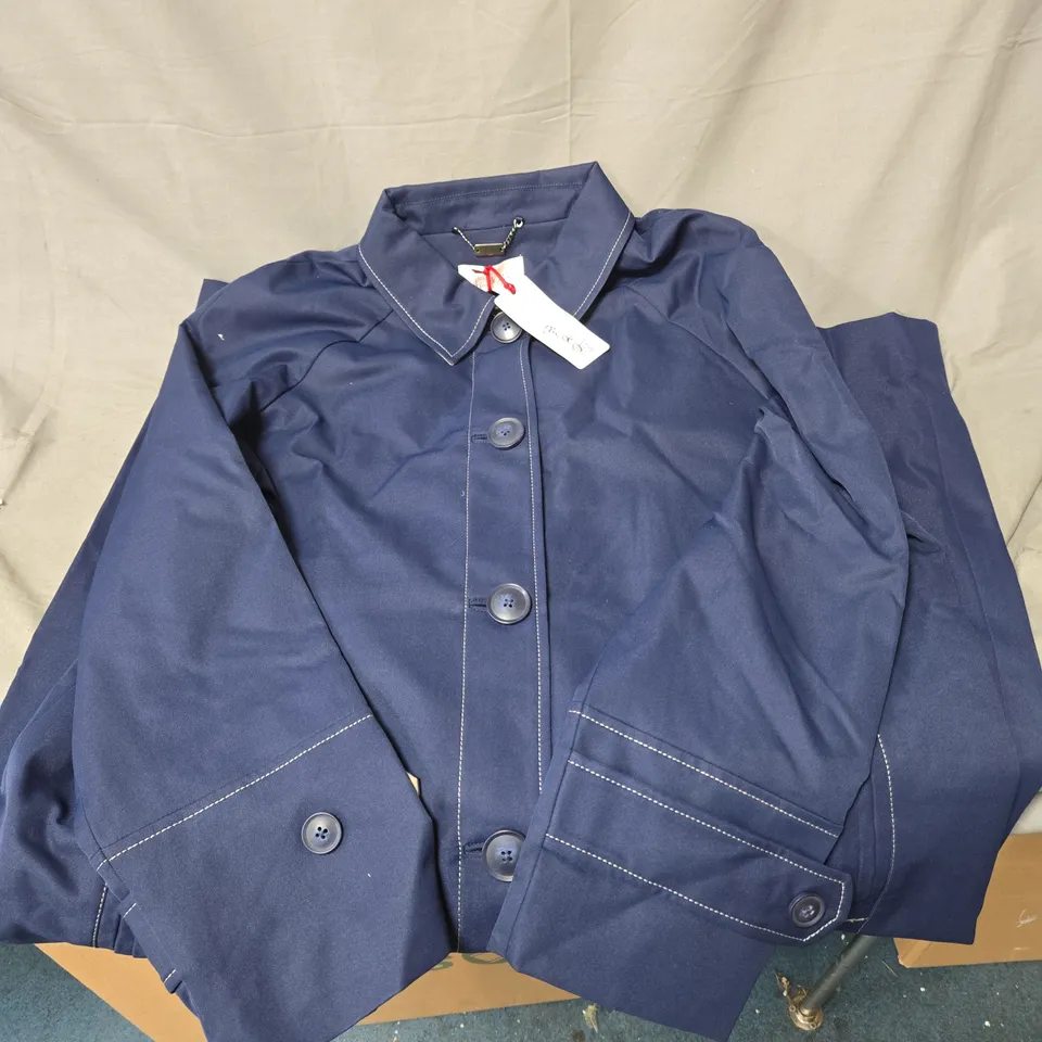 BEN DE LISI NAVY TRENCH COAT WITH WHITE CONTRAST STITCHING, LARGE BUTTONS AND FRONT FASTENING UK SIZE 14