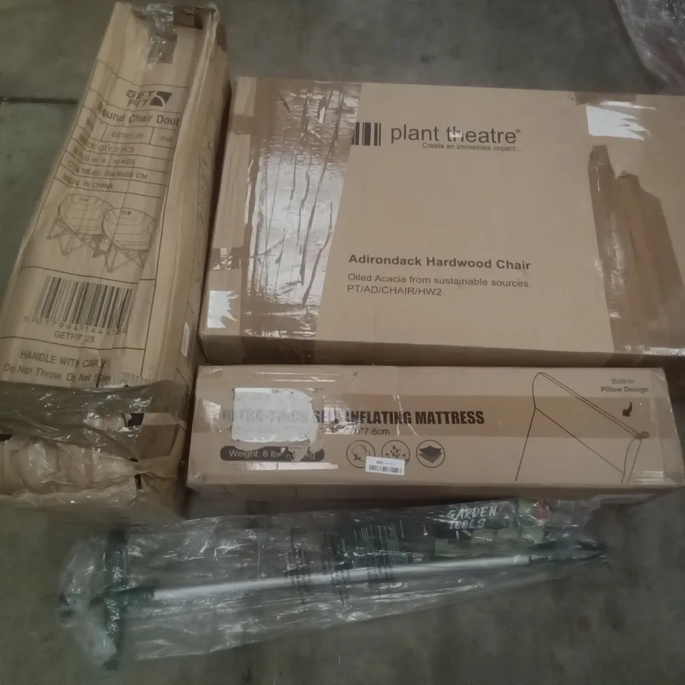 PALLET OF ASSORTED ITEMS INCLUDING ADIRONDACK HARDWOOD CHAIR, GETFIT ROUND CHAIR DOUBLE, WALENSEE WEED PICKER, ULTRA THICK SELF-INFLATING MATTRESS, BEAU JARDIN FOLDING WAGON, LYITA HOME DRAWER CABINET