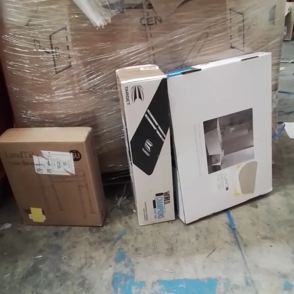 PALLET OF ASSORTED HOUSEHOLD GOODS AND PRODUCTS TO INCLUDE;RAIN SHOWER SYSTEM,DARTBOARD DARTBOARD MAT,TOILET RAIL