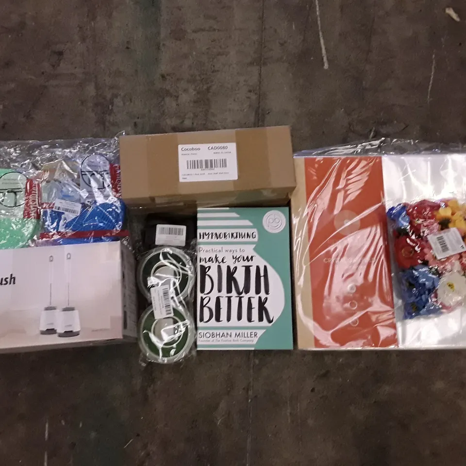 PALLET OF ASSORTED PRODUCTS INCLUDING TOILET BRUSH, MIXED DIY CRAFT FLOWERS, PRACTICAL WAYS TO MAKE YOUR BIRTH BETTER BOOK, PORTABLE CLOTHES LINE, BODY JEWELLY 