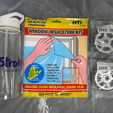 APPROXIMATELY 12 ASSORTED HOUSEHOLD ITEMS TO INCLUDE WINDOW INSULATION KIT, WATER BOTTLE, ETC