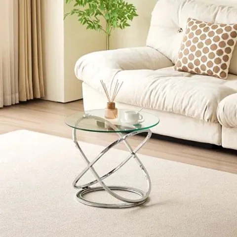 BOXED ROUND ABSTRACT TEMPERED GLASS SIDE TABLE CHROME EFFECT FRAME