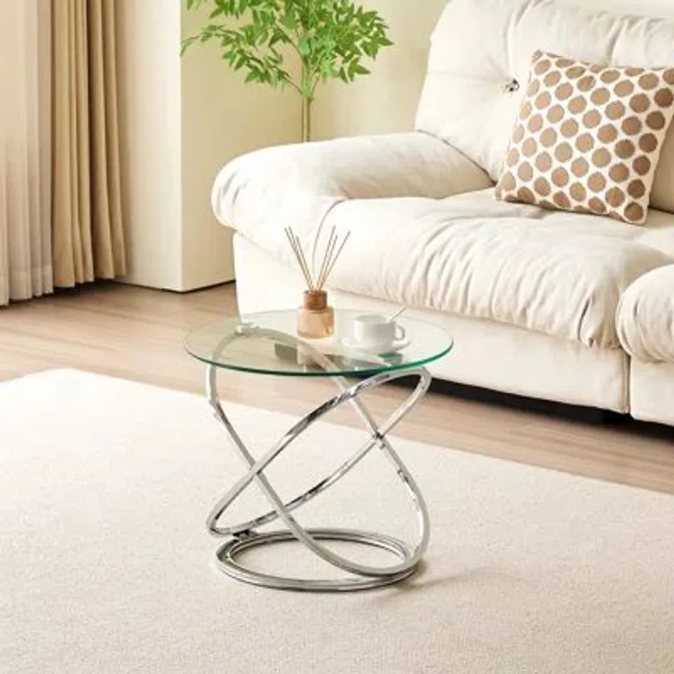 BOXED ROUND ABSTRACT TEMPERED GLASS SIDE TABLE CHROME EFFECT FRAME
