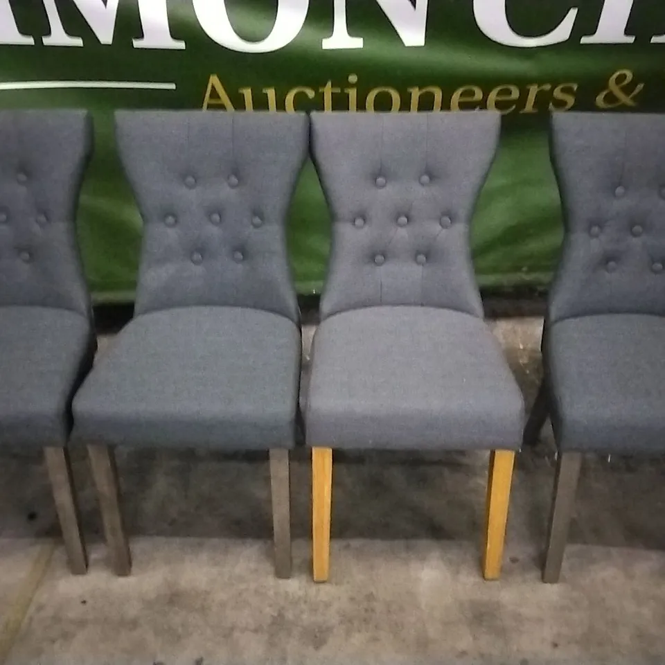 SET OF 4 CHARCOAL GREY FABRIC BUTTONBACK DINING CHAIRS WITH WOODEN LEGS